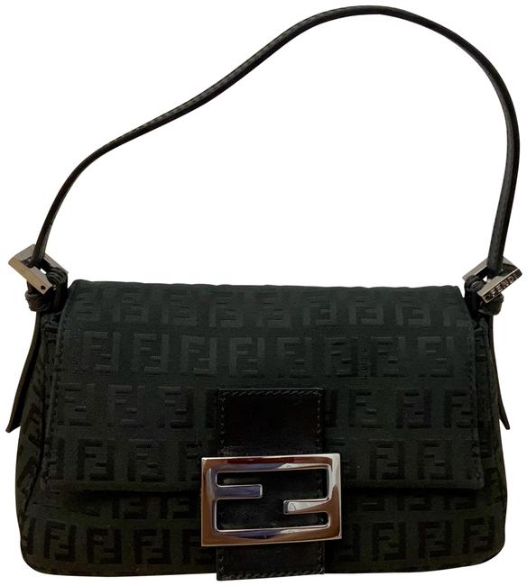 Fendi Mini Black Zucca Canvas Leather Baguette 