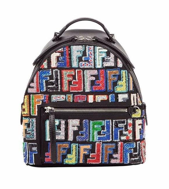 Fendi Mini Sequin Embellished Ff Logo Zipper Shoulder Black Leather Backpack 
