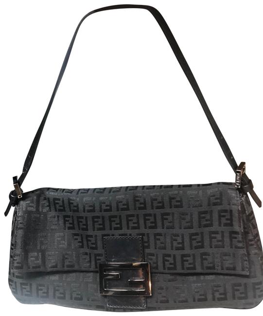 Fendi Monogram Leather Adjustable Strap Black Canvas Baguette 
