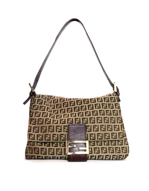 Fendi W Monogram Small Zucca Flap Top W Ff Logo Buckle Brown Canvas Baguette 