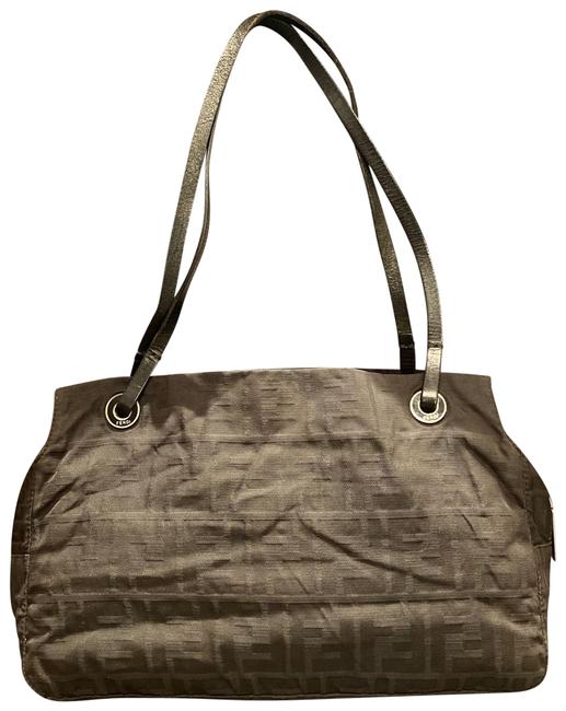 Fendi Monogrammed Leather Handle Black Canvas Shoulder Bag 