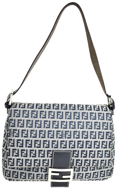 Fendi Navy Blue Leather &amp; "Ff" Logo Medium Shoulder Qw Tote 