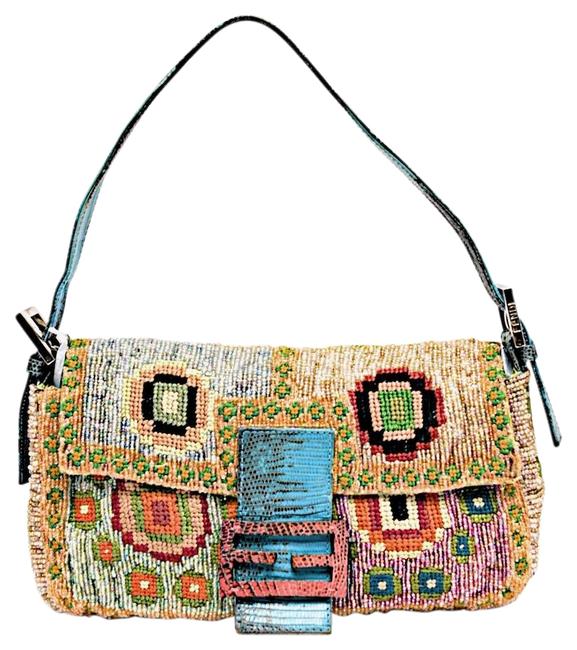 Fendi Needlepoint Snakeskin Buckles Handbag White Multi Color Beaded Baguette 