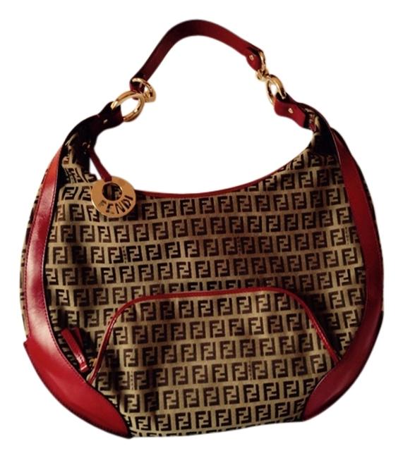 Fendi Neutral Canvas and Red Zucca Print Fabric Leather Shoulder Bag 