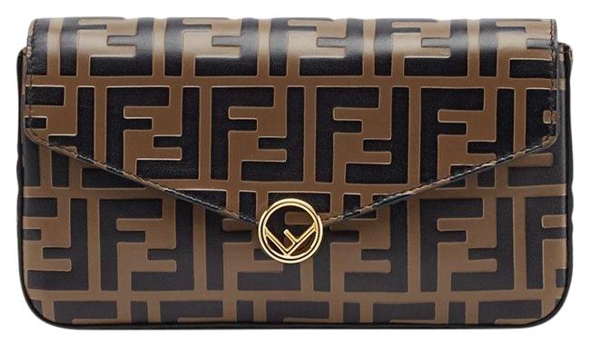 Fendi New Logo Ff Wallet 2pc Purse Brown Black Leather Shoulder Bag 