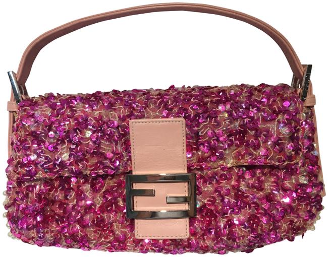 Fendi New Made In Italy Hand Beaded Pink LeatherCanvas Baguette 