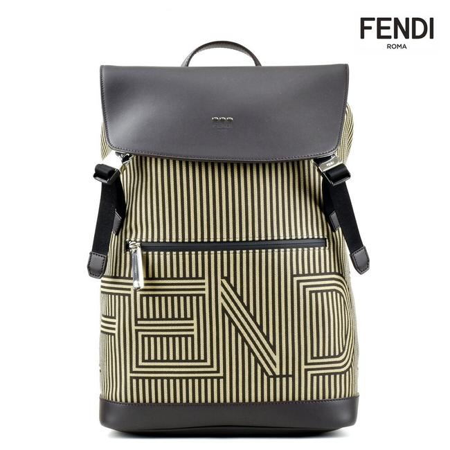 Fendi New Mens Women Logo Leather Canvas Brown Stripe Nylon Backpack 