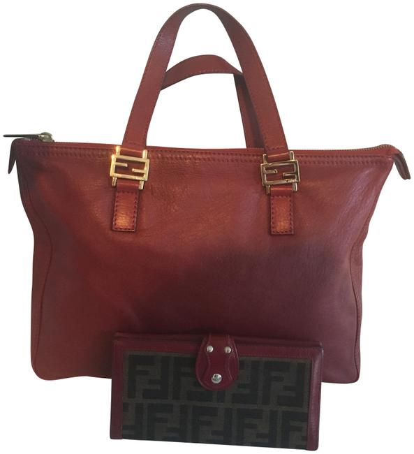 Fendi Olsen Twin and Matching Wallet Apple Red Lambskin Leather Tote 