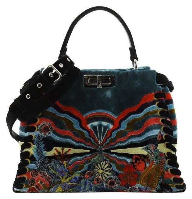 Fendi Peekaboo Handbag Embroidered Medium Blue Velvet Shoulder Bag 