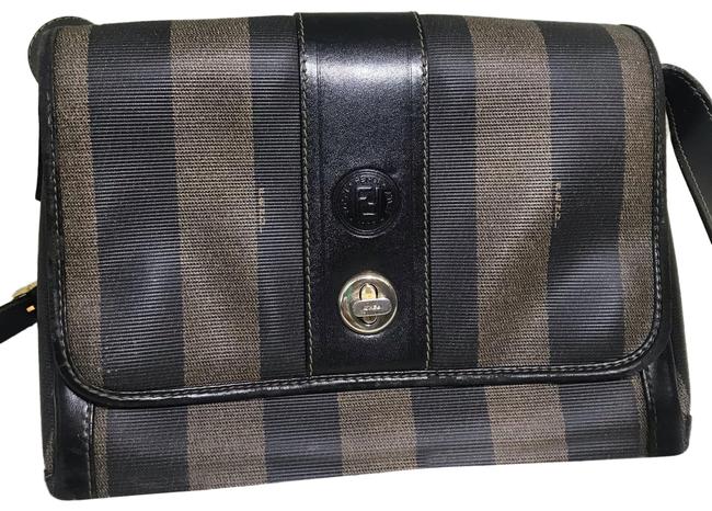 Fendi Crossbody Pequin Black and Brown Leather Canvas Messenger Bag 