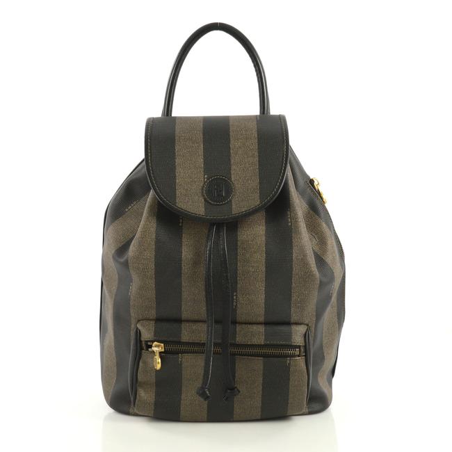 Fendi Pequin Front Pocket Medium Brown and Black Coated Canvas Backpack 