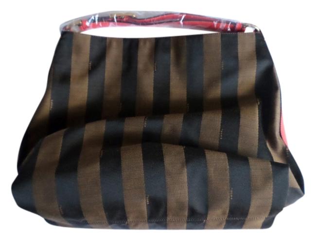 Fendi Pequin Large Neon Orange Leather Hobo Brown Logo Stripe Canvas Shoulder Bag 