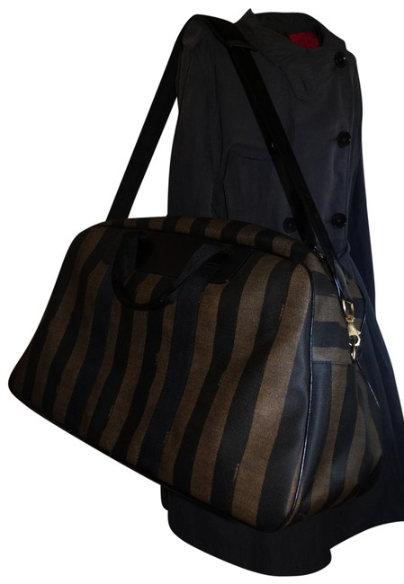 Fendi Pequin Pattern Black Canvas Leather WeekendTravel Bag 