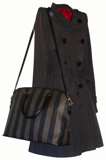 Fendi Shoulder Bag Pequin Pattern Black Canvas Tote 