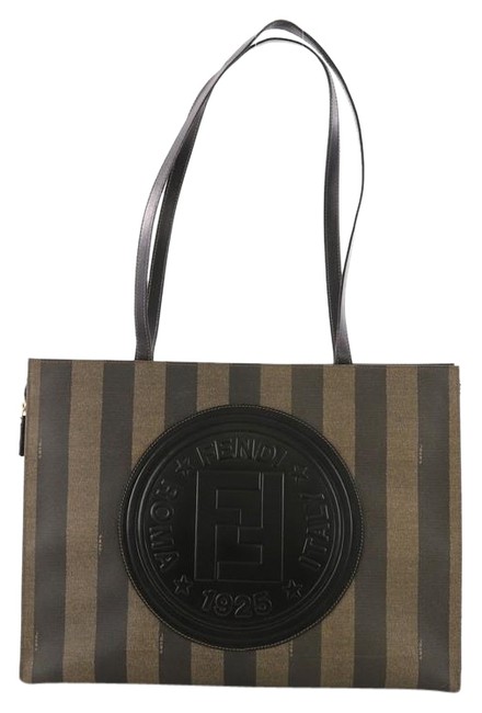 Fendi Shopping Pequin Leather Tall Brown and Black Canvas Tote 
