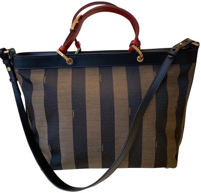 Fendi Shoulder Bag Pequin BlackBrown CanvasLeather Tote 