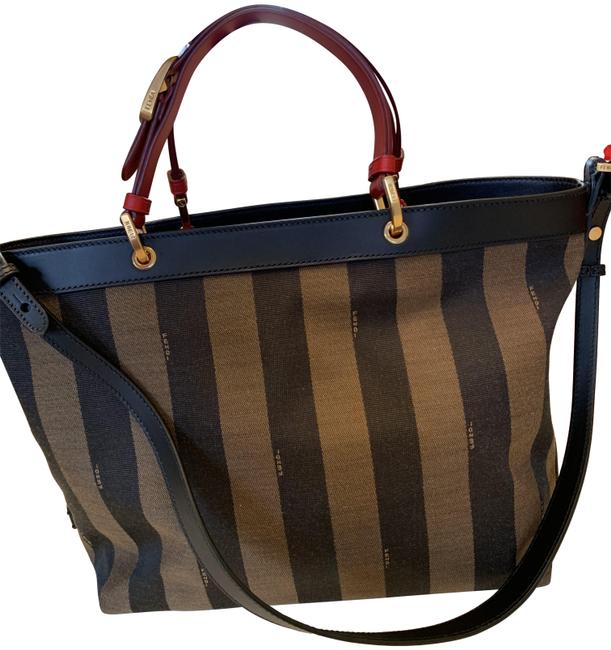 Fendi Shoulder Bag Pequin Striped BrownBlack Logo Canvas Tote 