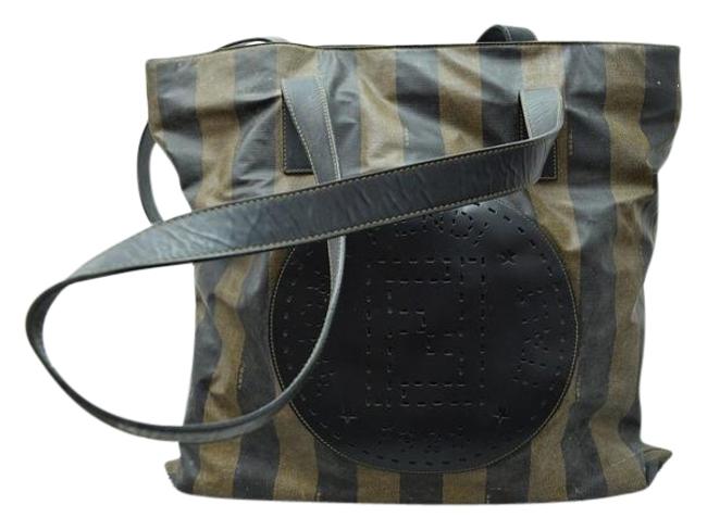 Fendi Perforated Logo Black and Brown Pequin Canvas Tote 