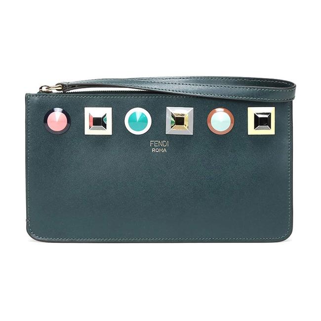 Fendi Clutch Rainbow Collection Women's Calfskin Clutch 8m034 Green Leather Wristlet 