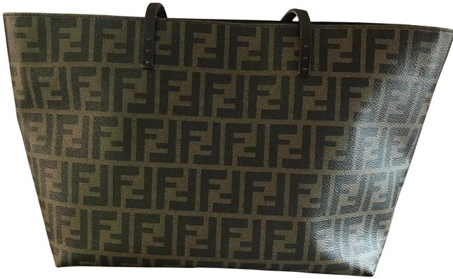 Fendi Roll Piccola ZuccaTess. Teorema BrownBlue Leather Tote 