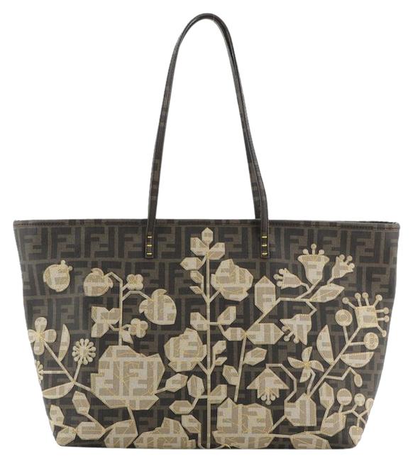 Fendi Roll Zucca Coated with Applique Large Brown Canvas Tote 