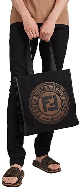 Fendi "Roma Italy 1925" Ff Logo BlackBrown Leather trimmed Canvas Tote 
