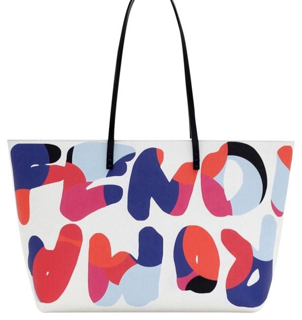 Fendi Roma" Text. Saffiano WhiteMulticolor Leather Tote 