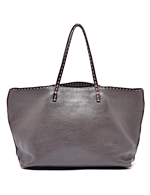 Fendi Selleria Dark Pebble Handbag Whipstitching Brown Leather Tote 