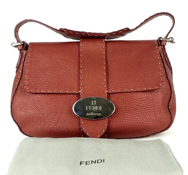 Fendi Flap Bag Selleria Grained Red Leather Baguette 