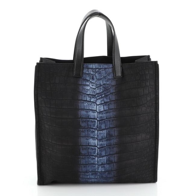 Fendi Shopping Crocodile Print Tall Black Blue Nylon Tote 