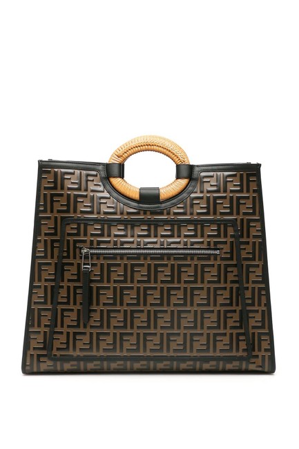 Fendi Shopping Large Runaway Ff Monogram Shopper BrownBlackBeige Leather Tote 