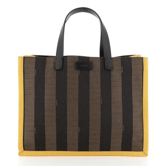 Fendi Shopping Pequin Medium Black Brown and Yellow Canvas Tote 