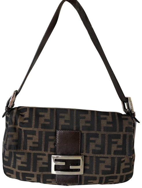 Fendi Shoulder Bag Brown Canvas and Leather Baguette 
