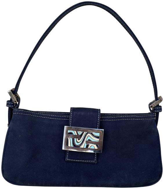 Fendi Shoulder Bag Ff Mini Baguette Blue Canvas Baguette 