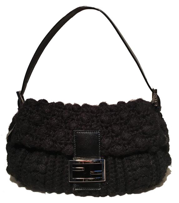 Fendi Shoulder Bag Knit Crochet Classic Black Wool Baguette 