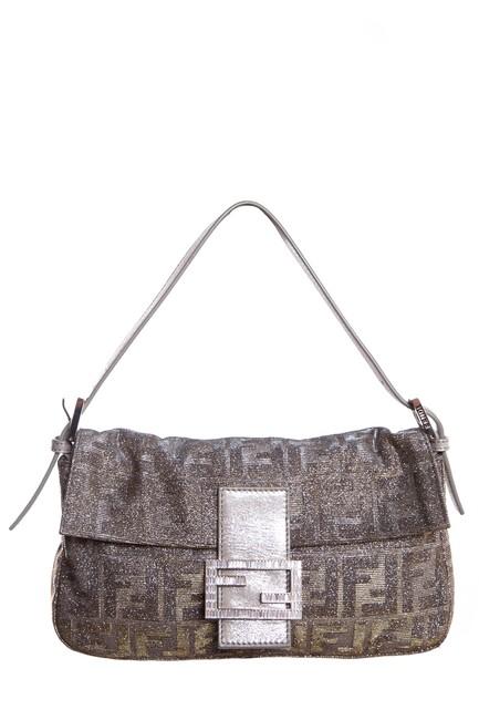 Fendi Shoulder Bag Silver Glitter Metallic Baguette 
