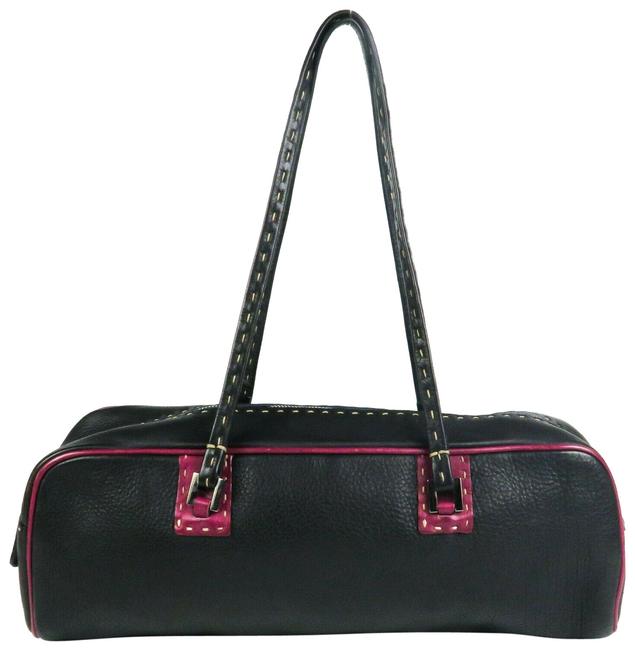 Fendi Shoulder Bag Trim Medium Selleria Dark Grey Magenta Leather Baguette 
