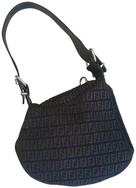 Fendi Shoulder Bag Zucca Asymmetrical Zip Black and Brown Velour Baguette 