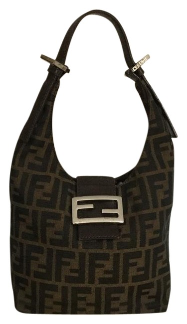 Fendi Shoulder Bag Zucca Pattern Leather Brown and Black Canvas Baguette 