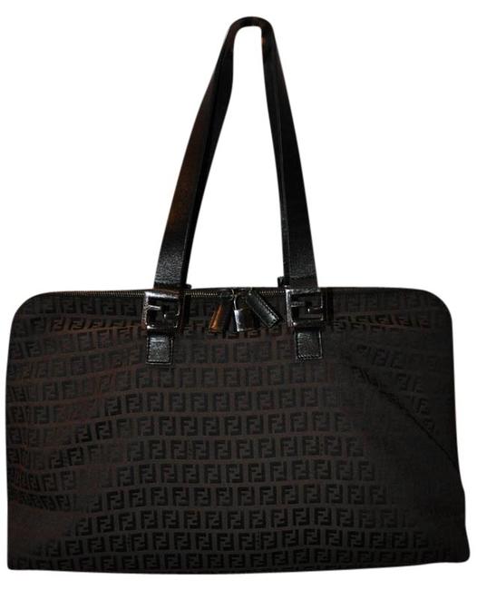 Fendi Tote Signature Black LeatheR Canvas Shoulder Bag 