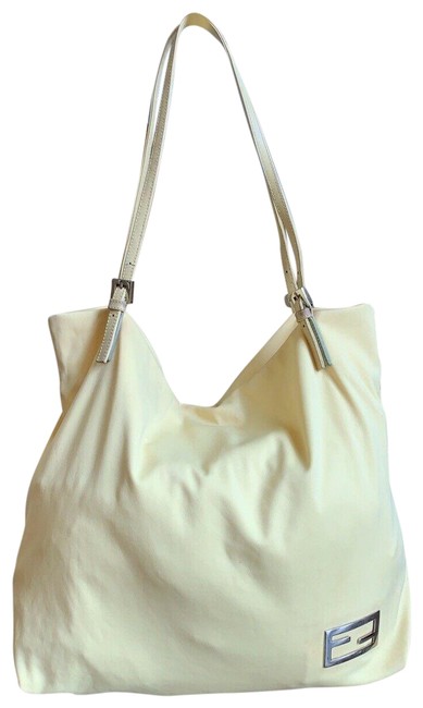 Fendi Silver Hardware Pale Yellow Fabric Leather Shoulder Bag 