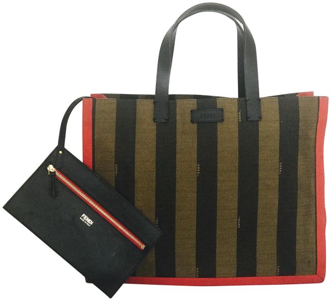 Fendi Simply Shopping Brown Red Canvas Leather Tote 