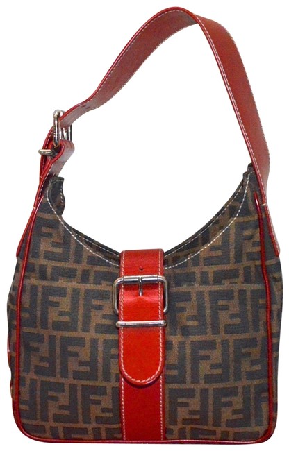 Fendi Small Brown Red Zucca Canvas and Leather Shoulder Bag 