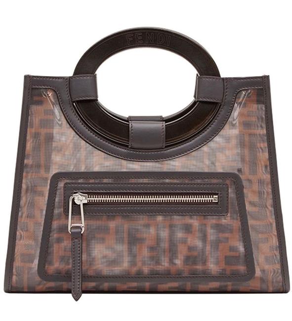 Fendi Small Runaway Mesh Brown Leather Trimmed Calfskin Tote 