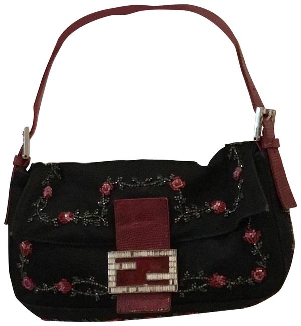 Fendi Snakeskin Black Calfskin Leather and Canvas Baguette 