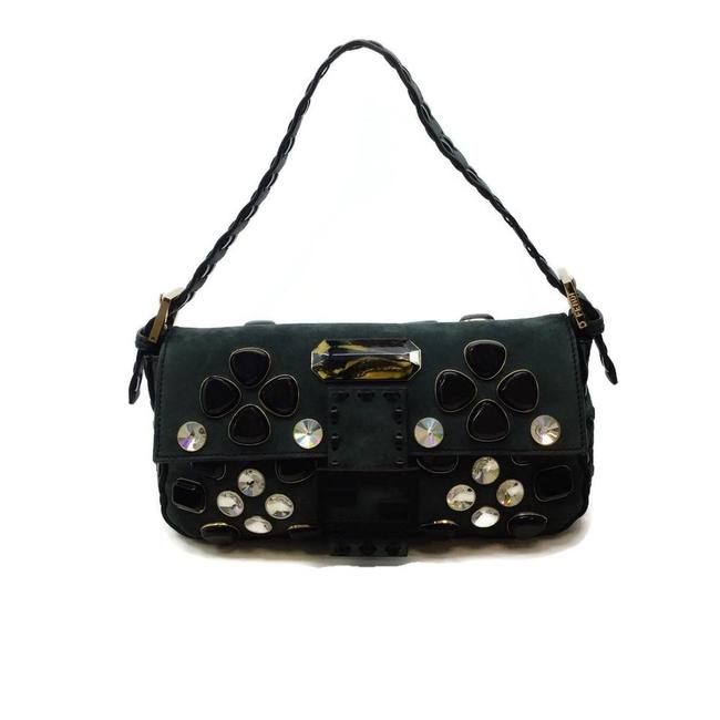 Fendi StoneCrystal Dark Olive Green Suede Leather Baguette 