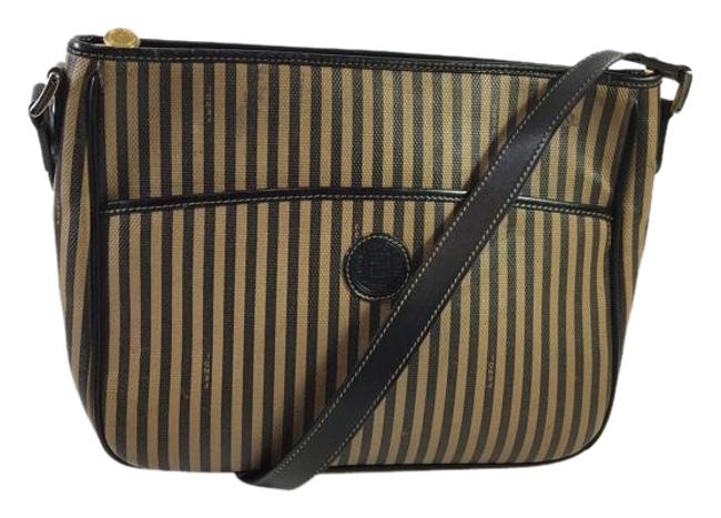 Fendi Striped BrownTan Coated Canvas Shoulder Bag 