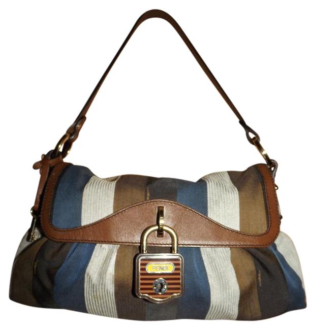 Fendi Striped Key Lock Multicolor Canvas &amp; Leather Shoulder Bag 