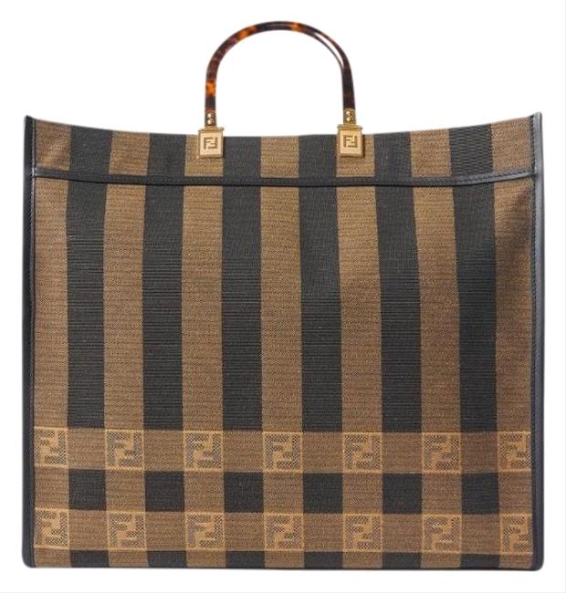 Fendi Sunshine Bag Ff Logo Leather Trimmed Canvas Tote 