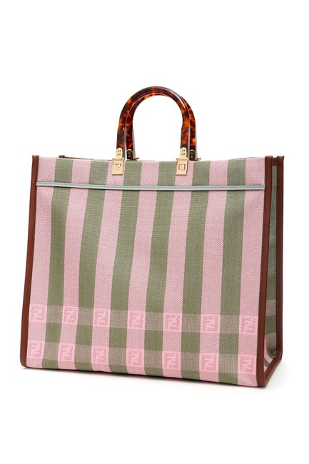 Fendi Sunshine Sn Striped Shopper PinkKhakiBrown Leather Tote 